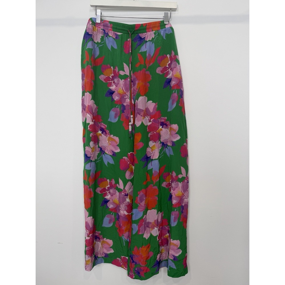 Johnny Was Nadine Silk Wide Leg Floral Pants XL Green Boho Tassel Luxury Resort